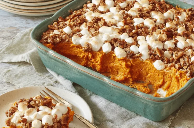 Creamy Sweet Potato Casserole in a teal baking dish, topped with toasted pecans and melted marshmallows.