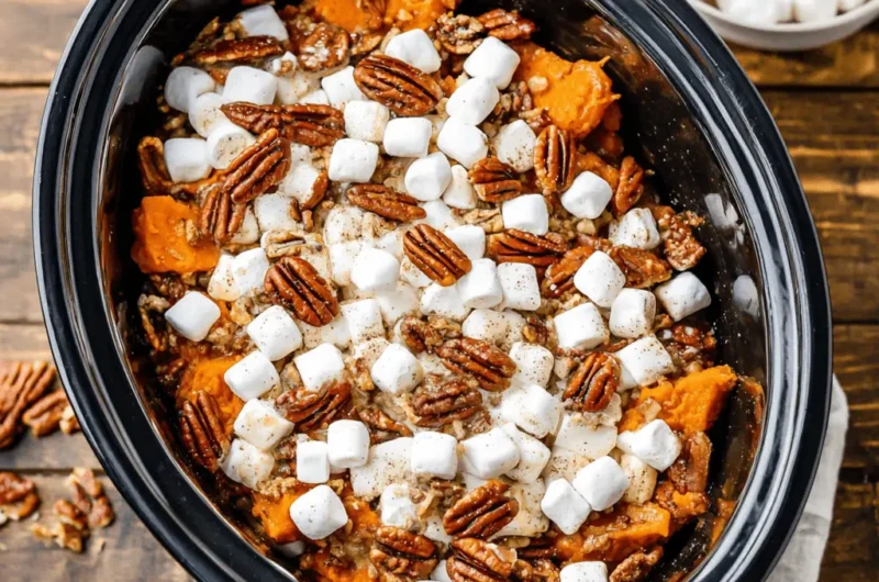 Top-down view of a black slow cooker holding a vibrant orange crockpot sweet potato casserole topped with melted marshmallows and crunchy pecan halves.