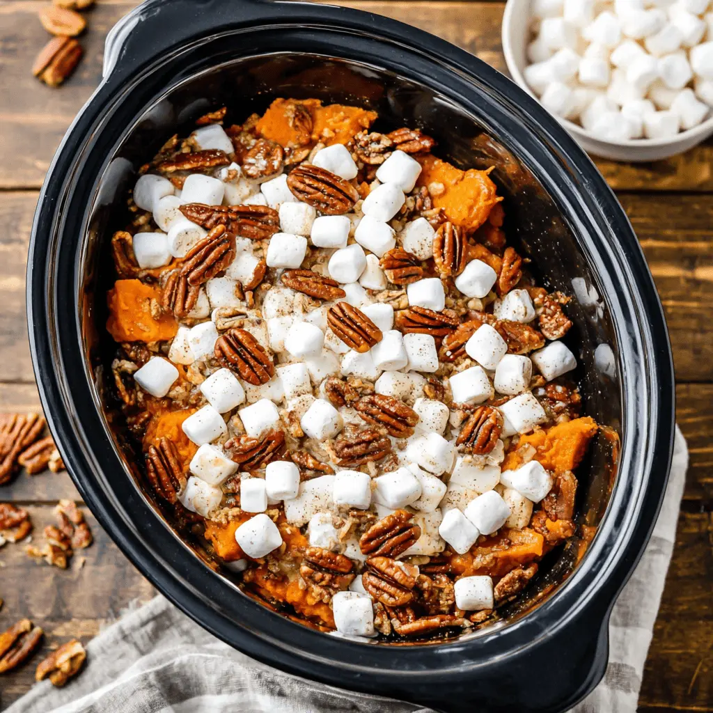Top-down view of a black slow cooker holding a vibrant orange crockpot sweet potato casserole topped with melted marshmallows and crunchy pecan halves.