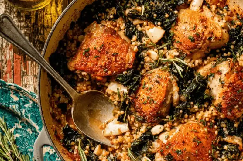 Delicious Chicken and Wild Rice Casserole with crispy chicken, greens, and herbs in a rustic cast iron skillet.