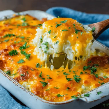 Wooden spoon serving a generous helping of baked cheesy potato casserole with melted cheddar and fresh parsley.