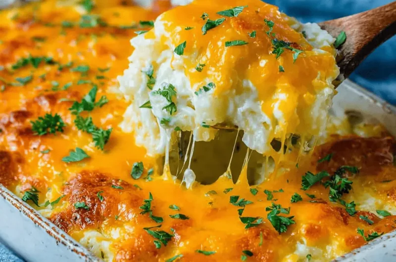 Wooden spoon serving a generous helping of baked cheesy potato casserole with melted cheddar and fresh parsley.