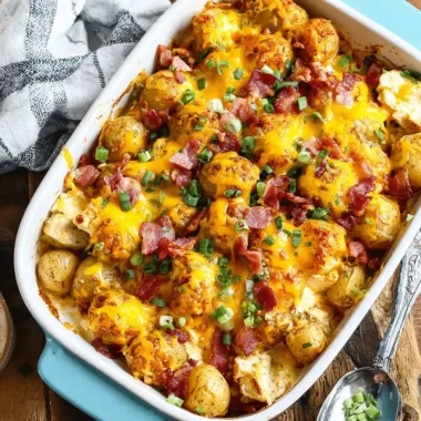 Close-up of a bubbling, cheesy chicken potato casserole topped with crispy bacon and fresh green onions.