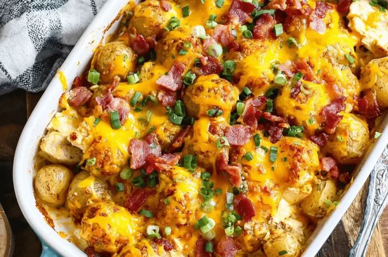 Close-up of a bubbling, cheesy chicken potato casserole topped with crispy bacon and fresh green onions.