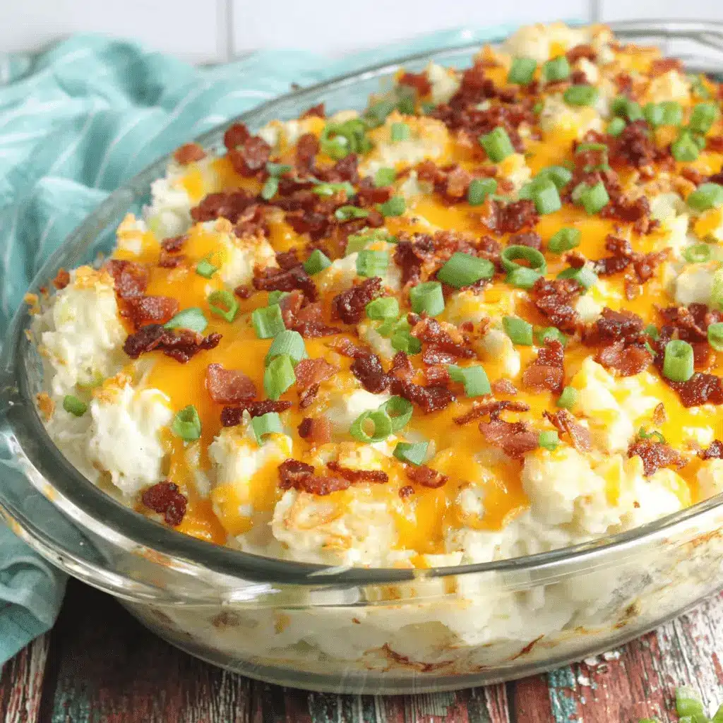 Golden-brown loaded baked potato casserole topped with melted cheddar, crispy bacon, and fresh green onions in a glass dish.