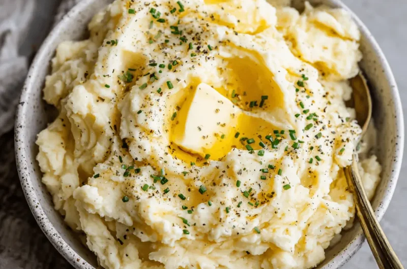Close-up of creamy, rustic crockpot mashed potatoes topped with melting butter, chives, and black pepper, ready to be served.