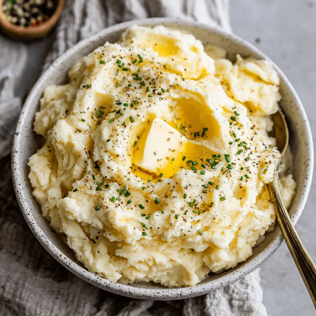 Close-up of creamy, rustic crockpot mashed potatoes topped with melting butter, chives, and black pepper, ready to be served.