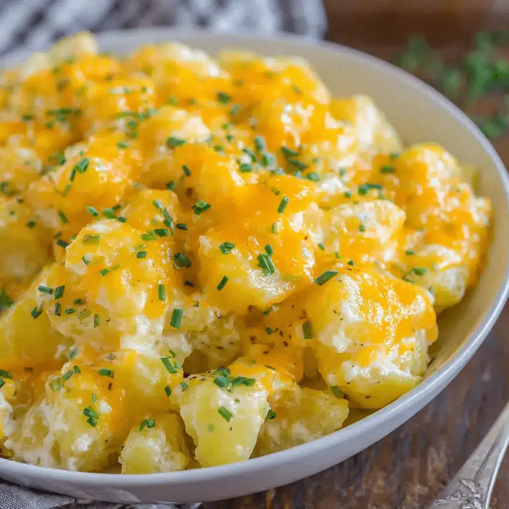 The Ultimate Crockpot Cheesy Potatoes Recipe 2 Close-up of a bowl of creamy, melted cheddar crockpot cheesy potatoes garnished with fresh chives.