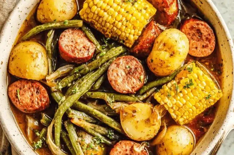 Hearty stew of new potatoes, corn, sausage, and green beans served from a swamp potatoes crockpot.