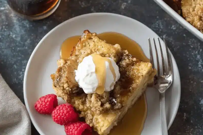 Plated slice of golden-brown overnight french toast casserole featuring a crumb topping, maple syrup, and fresh raspberries.