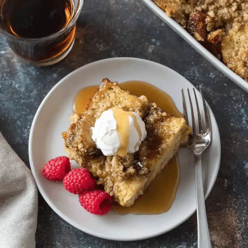 The Ultimate Overnight French Toast Casserole Recipe 2 Plated slice of golden-brown overnight french toast casserole featuring a crumb topping, maple syrup, and fresh raspberries.