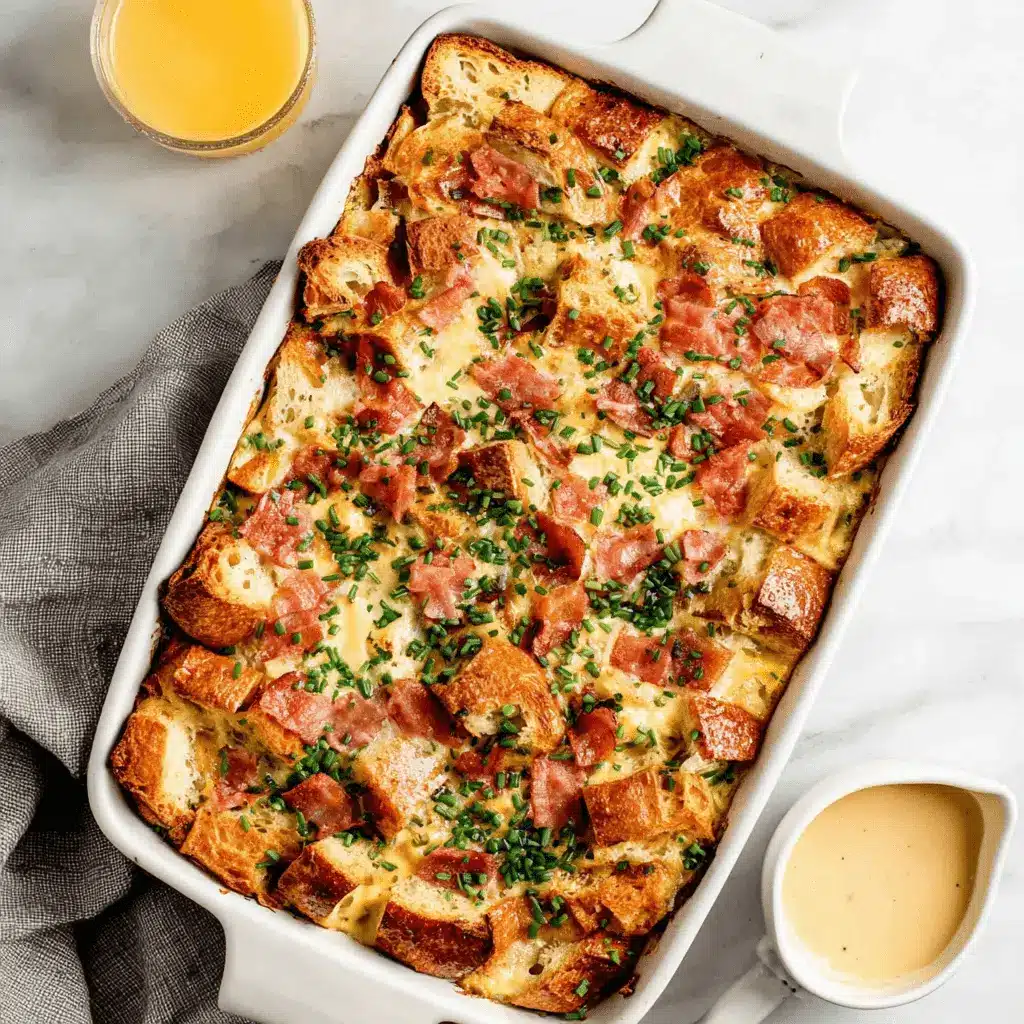 Savory baked Eggs Benedict Casserole with golden-brown bread, ham, and fresh chives, served with a side of hollandaise.