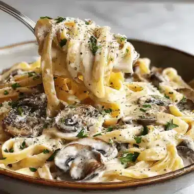 A fork lifts a serving of creamy mushroom pasta, garnished with fresh herbs and Parmesan, from a rustic bowl.