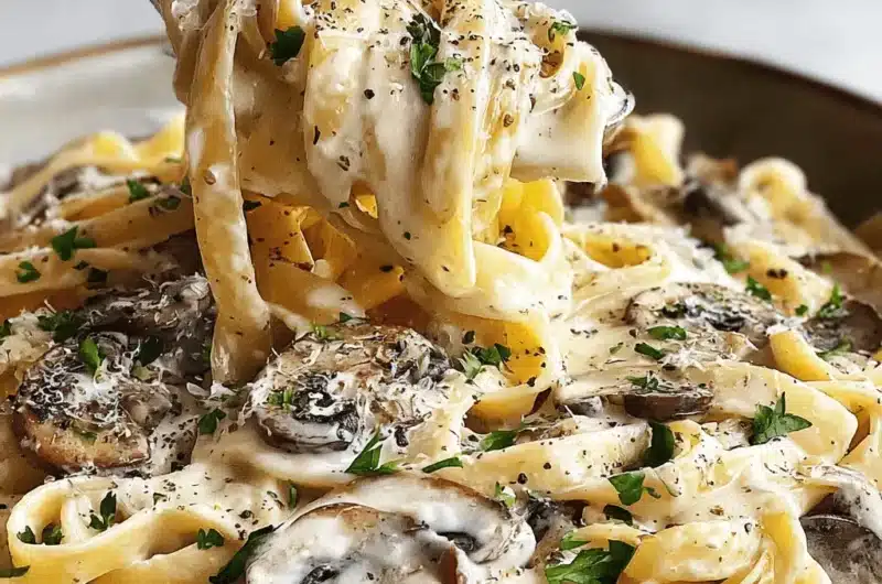 A fork lifts a serving of creamy mushroom pasta, garnished with fresh herbs and Parmesan, from a rustic bowl.