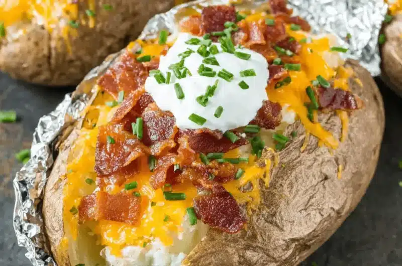 Close-up of fully loaded Crockpot Baked Potatoes, split open and topped with melted cheese, bacon, sour cream, and chives.