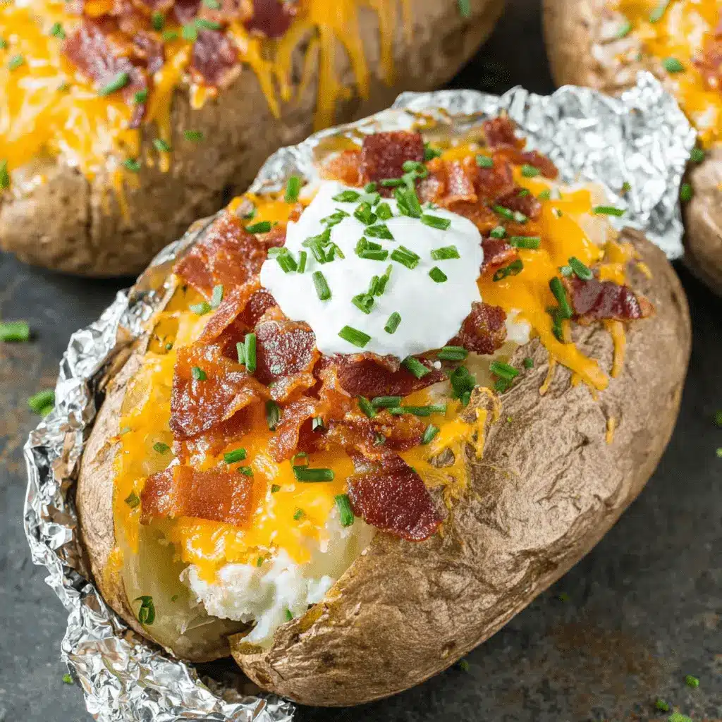 Close-up of fully loaded Crockpot Baked Potatoes, split open and topped with melted cheese, bacon, sour cream, and chives.