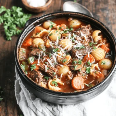 Overhead close-up of a rich, rustic bowl of homemade beef vegetable soup garnished with shredded cheese and fresh parsley, highlighting the ingredients for this savory beef vegetable soup recipe.