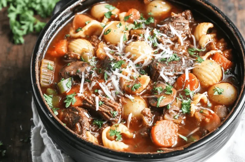 Overhead close-up of a rich, rustic bowl of homemade beef vegetable soup garnished with shredded cheese and fresh parsley, highlighting the ingredients for this savory beef vegetable soup recipe.
