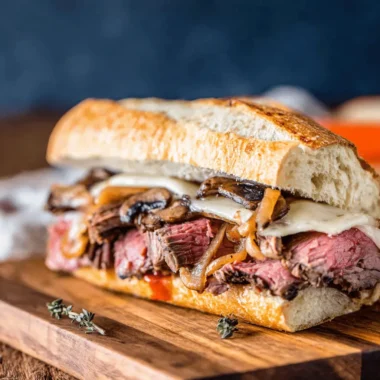 The Ultimate Leftover Prime Rib Sandwich Recipe 3 Detailed close-up of a hearty Leftover Prime Rib Sandwich on a rustic baguette with melted cheese, caramelized onions, and au jus.