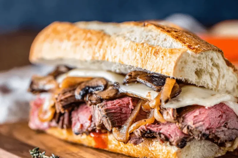 Detailed close-up of a hearty Leftover Prime Rib Sandwich on a rustic baguette with melted cheese, caramelized onions, and au jus.