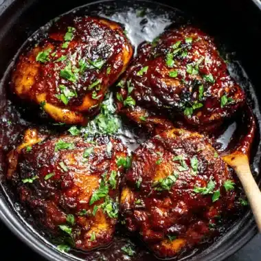 Close-up of rich, dark glazed chicken thighs in a pan, highlighting the delicious results of simple chicken thigh recipes crockpot.