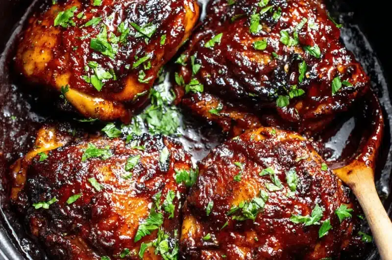 Close-up of rich, dark glazed chicken thighs in a pan, highlighting the delicious results of simple chicken thigh recipes crockpot.