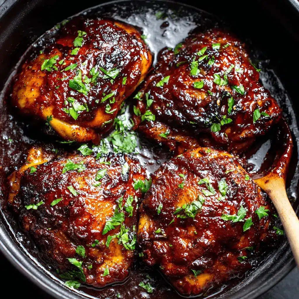 Close-up of rich, dark glazed chicken thighs in a pan, highlighting the delicious results of simple chicken thigh recipes crockpot.