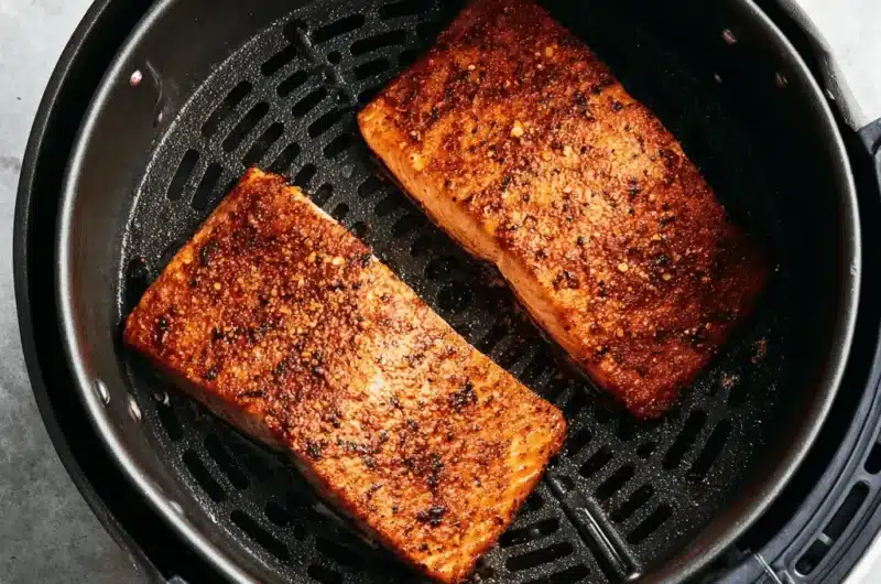 Perfectly cooked, heavily seasoned salmon fillets inside a black air fryer basket, demonstrating successful air fryer salmon recipes.