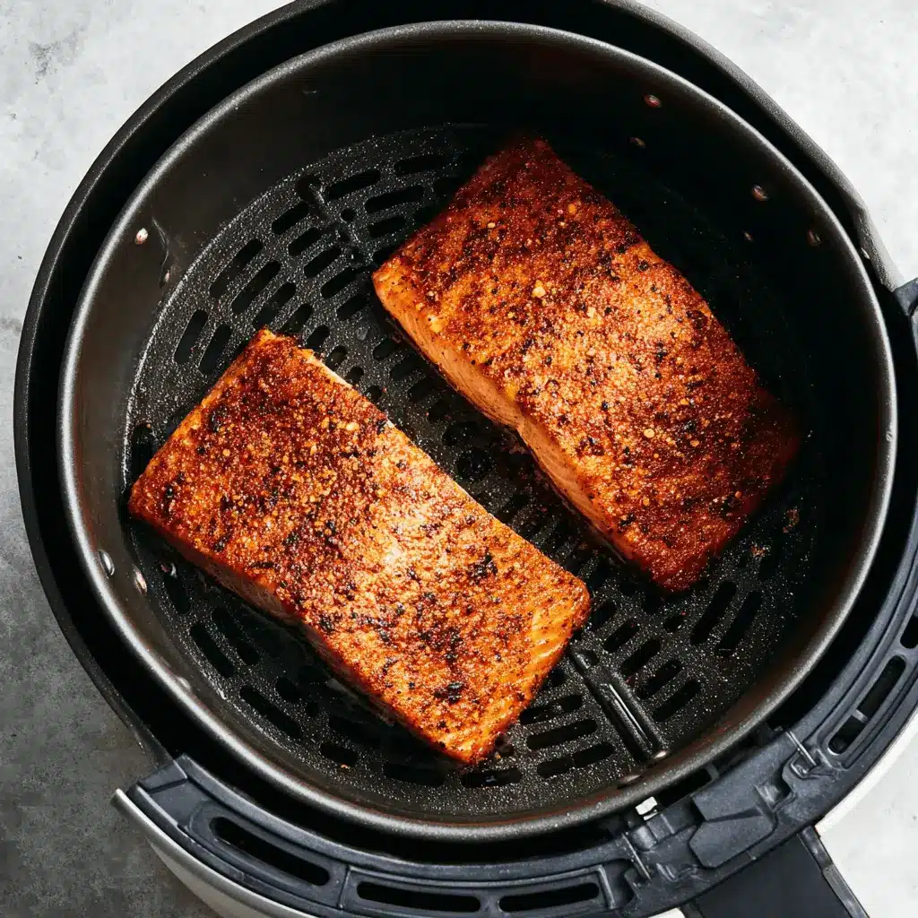 Ultimate Air Fryer Salmon Recipes 2 Perfectly cooked, heavily seasoned salmon fillets inside a black air fryer basket, demonstrating successful air fryer salmon recipes.