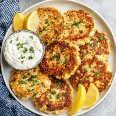 Ultimate Canned Salmon Recipes: Easy & Delicious 3 Overhead photo of crispy, golden-brown salmon patties garnished with parsley, served with creamy dipping sauce and lemon wedges, showcasing quick canned salmon recipes.