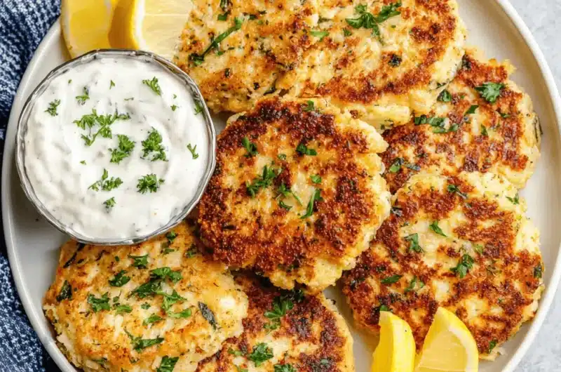 Overhead photo of crispy, golden-brown salmon patties garnished with parsley, served with creamy dipping sauce and lemon wedges, showcasing quick canned salmon recipes.