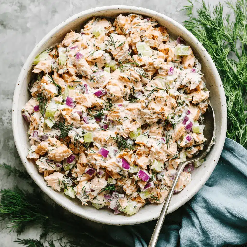 Amazing Salmon Salad Recipes Made Easy 2 Chunky and creamy salmon salad with fresh dill and red onion, representing classic salmon salad recipes.