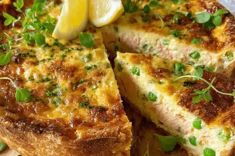 Savory deep-dish quiche made from flaked salmon and peas, beautifully illustrating one of the best leftover salmon recipes.