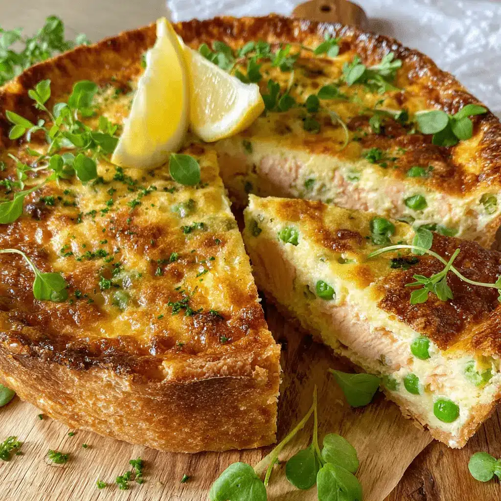 Savory deep-dish quiche made from flaked salmon and peas, beautifully illustrating one of the best leftover salmon recipes.