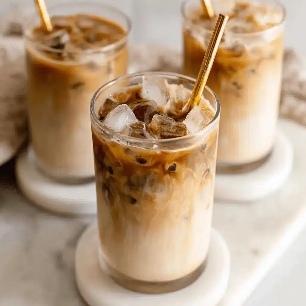 Three elegant glasses of layered iced coffee with swirling milk and dark espresso, featuring metallic gold straws on a bright white marble slab.