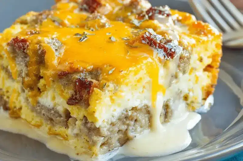 Close-up of a hearty slice of biscuits and gravy breakfast casserole layered with savory sausage, melted cheddar, and creamy gravy.