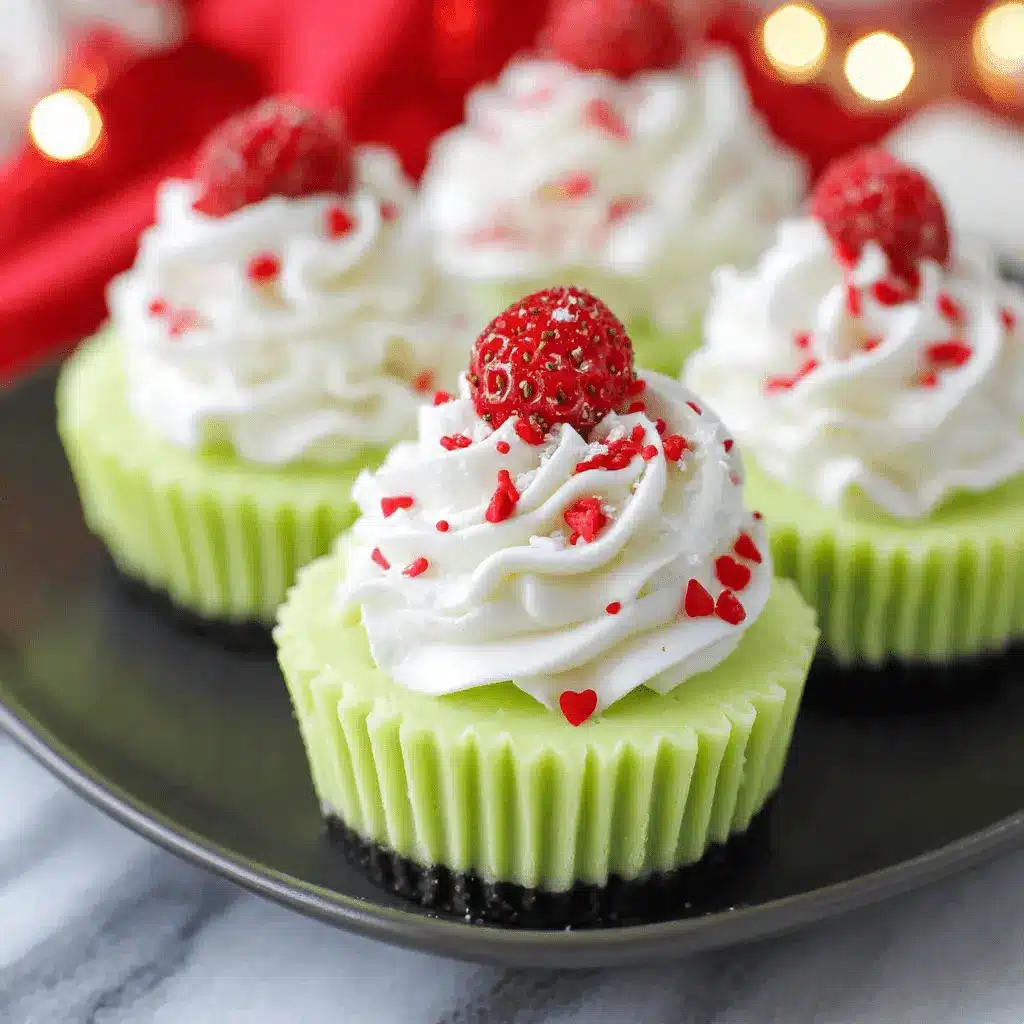 Surprising Grinch Mini Cheesecakes Recipe 2 Close-up of four festive Grinch Mini Cheesecakes featuring bright green filling, red heart sprinkles, and a dark crust on a matte black serving dish.