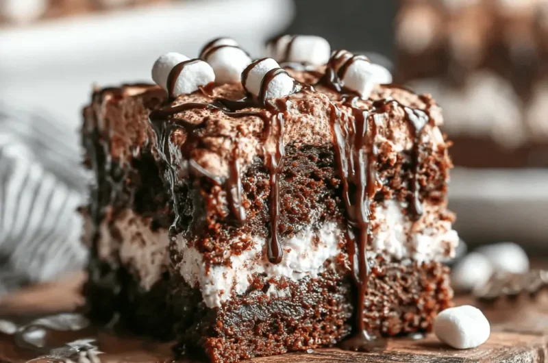 Decadent slice of fudgy, layered hot cocoa poke cake with marshmallow filling, chocolate drizzle, and mini marshmallows on a rustic wooden board.