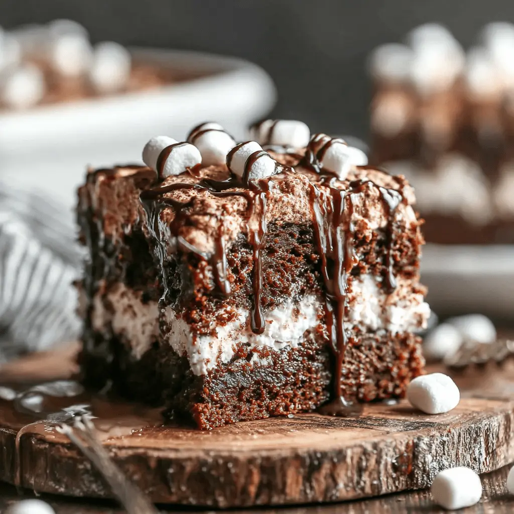 The Ultimate Hot Cocoa Poke Cake Recipe 2 Decadent slice of fudgy, layered hot cocoa poke cake with marshmallow filling, chocolate drizzle, and mini marshmallows on a rustic wooden board.