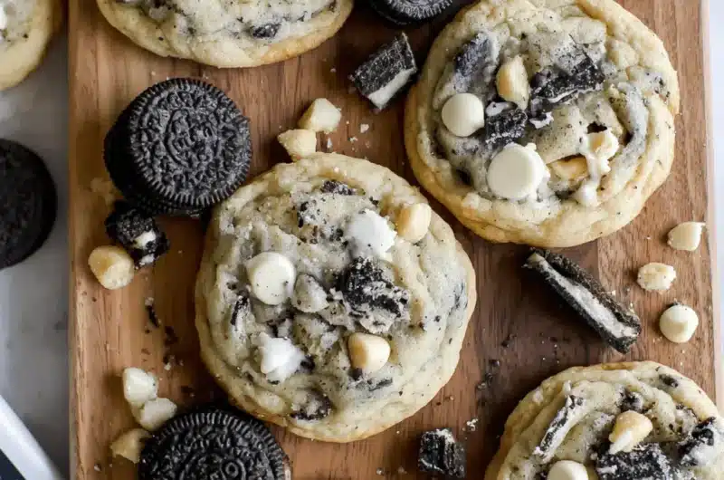 Freshly baked Cookies and Cream Cookies featuring white chocolate and macadamia nuts, presented on a rustic wooden cutting board.