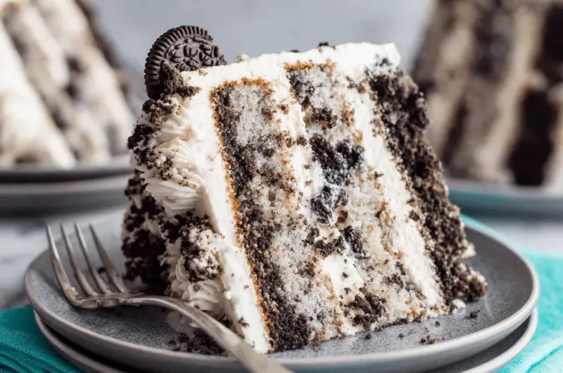 A tempting close-up photograph of a tall slice of layered cookies and cream cake resting on a gray plate with a dessert fork.
