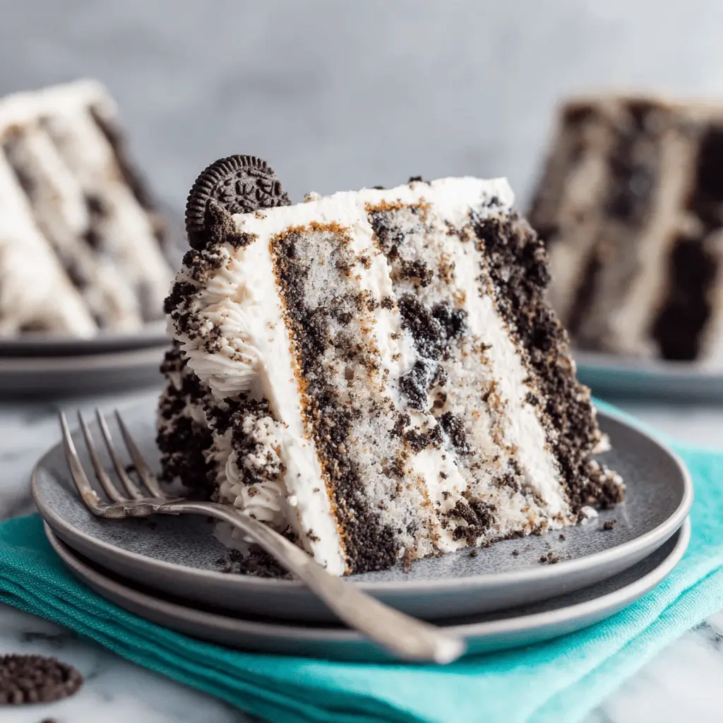 A tempting close-up photograph of a tall slice of layered cookies and cream cake resting on a gray plate with a dessert fork.