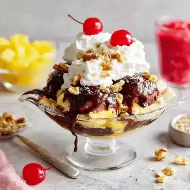 Decadent, close-up photograph of a classic banana split dessert with hot fudge, whipped cream, cherries, and nuts in a clear glass dish.