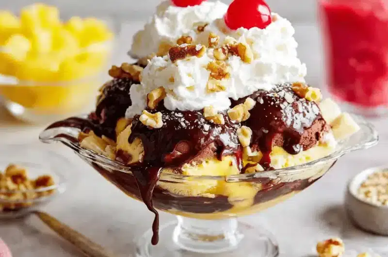 Decadent, close-up photograph of a classic banana split dessert with hot fudge, whipped cream, cherries, and nuts in a clear glass dish.