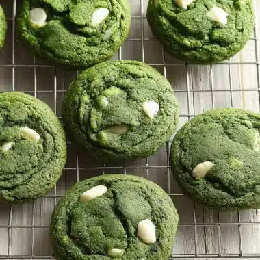 The Ultimate Fail-Proof Matcha Cookies Recipe 3 Overhead close-up of six freshly baked, emerald green matcha cookies studded with white chocolate chips on a wire cooling rack.