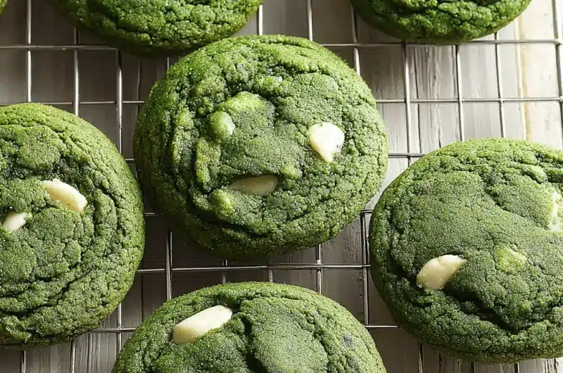 Overhead close-up of six freshly baked, emerald green matcha cookies studded with white chocolate chips on a wire cooling rack.