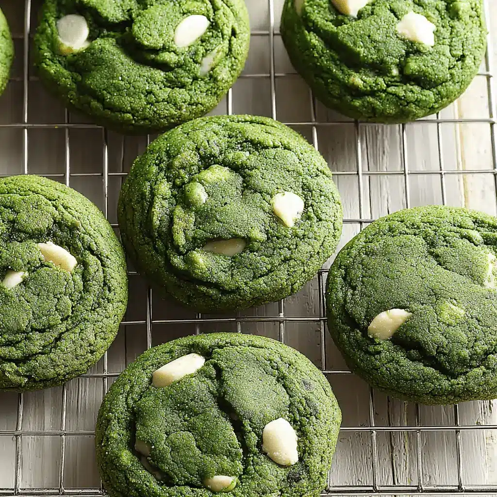 The Ultimate Fail-Proof Matcha Cookies Recipe 2 Overhead close-up of six freshly baked, emerald green matcha cookies studded with white chocolate chips on a wire cooling rack.