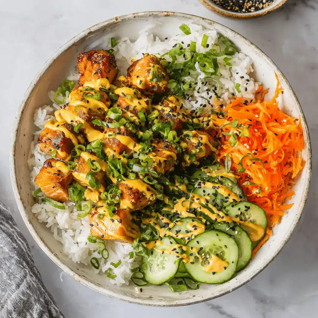 Overhead view of a delicious glazed salmon bowl with rice, shredded carrots, cucumber, spicy mayo, and black sesame seeds.