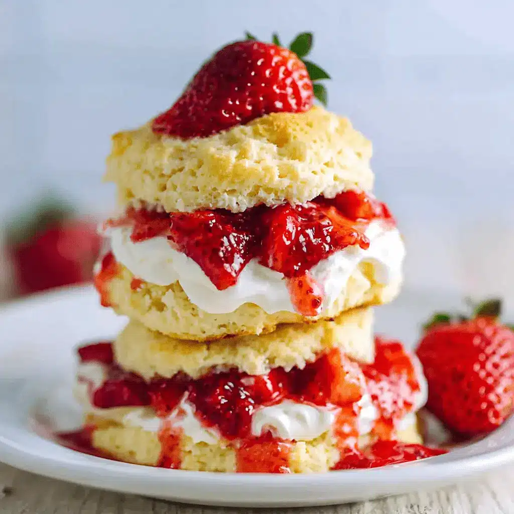 The Ultimate Strawberry Shortcake Recipe 2 Double-stacked strawberry shortcake featuring flaky biscuits, generous whipped cream, and rich, dripping strawberry topping.