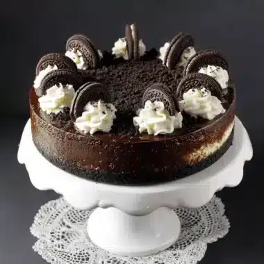 Detailed photo of a tall, decadent triple-layer oreo cheesecake topped with chocolate ganache, whipped cream swirls, and whole Oreo cookies on a white pedestal stand.